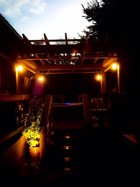 Rustic pergola at night