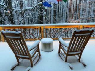 Champion, PA View From Snowy Porch Lit Up Handrails