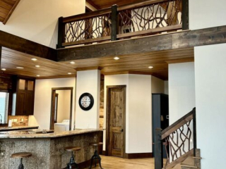 Charlotte NC, Rustic Dark Wood Kitchen With Custom Branch Stair And Balcony Handrails