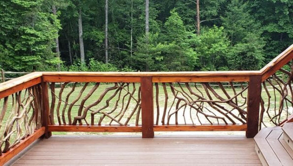 Mountain laurel handrails showcasing unique geometric patterns created from naturally twisted branches, enhancing home design.