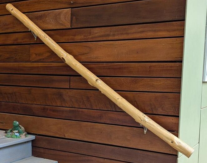 Handcrafted polished locust branch banister handrail with bark removed, showcasing smooth natural grain and warm wood tones.