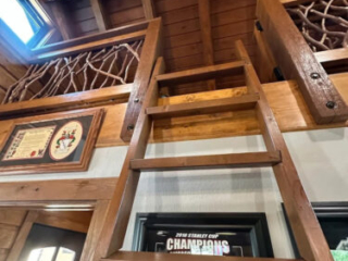 Wooden Ladder to Loft with Branch Railing Detail Wooden ladder leading up to a loft with branch-style railing and exposed wood ceiling in a rustic cabin.