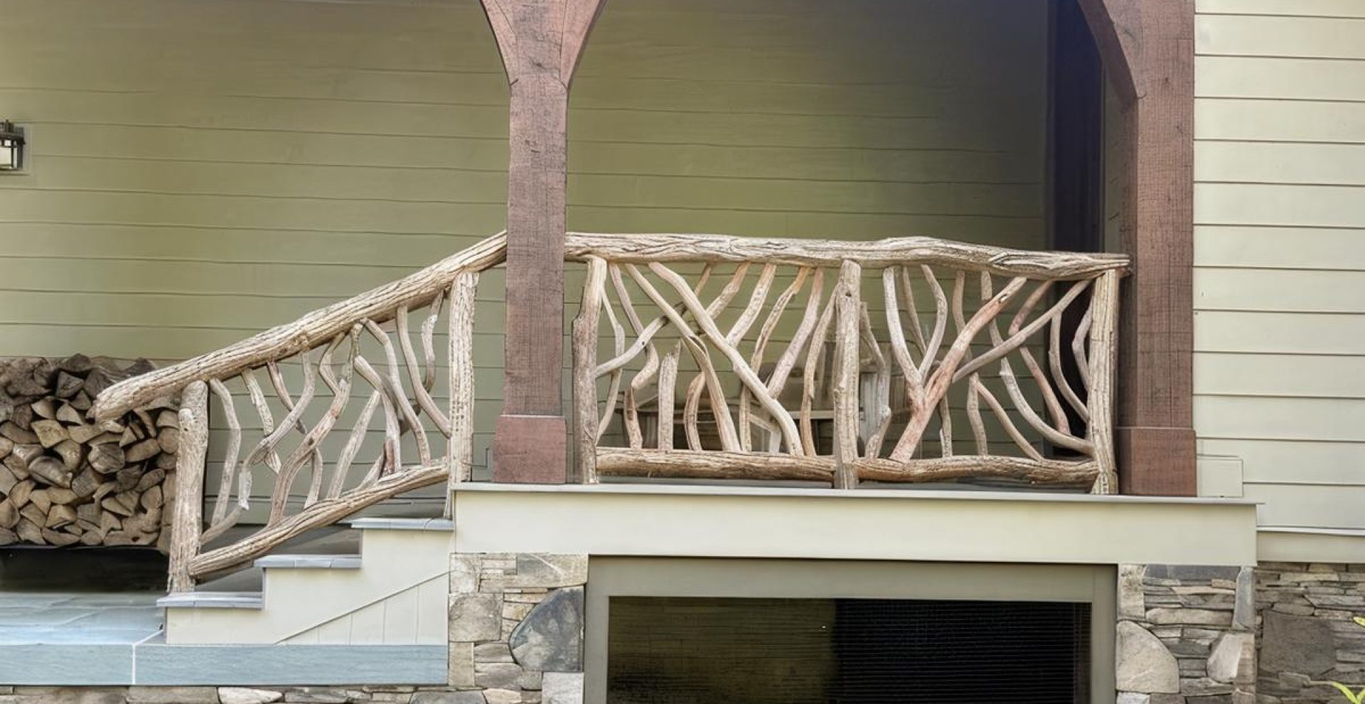 Rustic porch railing made of intertwined branches with a stone foundation and stacked firewood nearby.