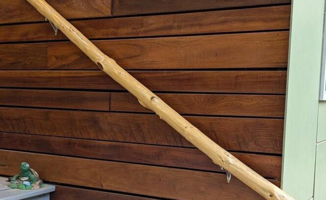 Handcrafted polished locust branch banister handrail with bark removed, showcasing smooth natural grain and warm wood tones.