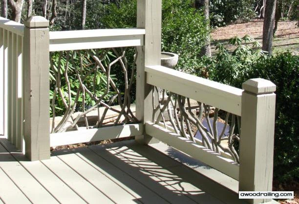 A white painted branch handrail featuring gray twigs, designed for short handrails to enhance safety and aesthetic appeal.