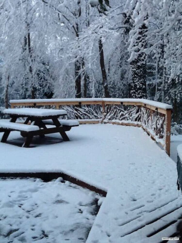 Snowy Railing And Picnic Table