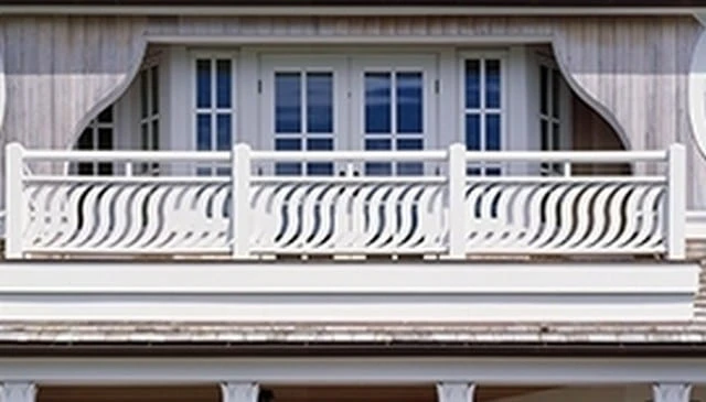 A beach house deck railing featuring a graceful arc design that flows from bottom to top, enhancing visual flow around the home and complementing the coastal setting.