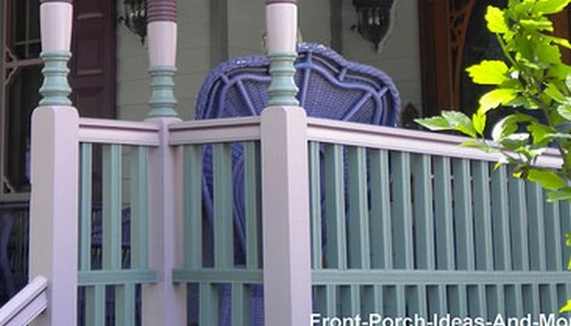 A handrail design featuring alternately spaced vertical 2x2s, creating a rhythmic pattern for enhanced visual interest in deck railing designs.