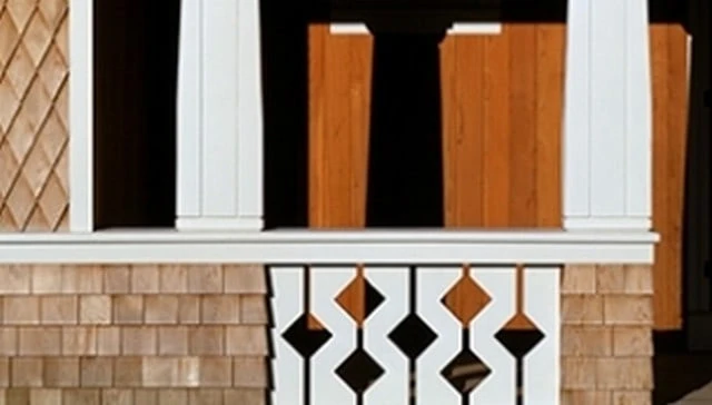 A solid wall railing on a front porch showcasing a jigsaw cut design with large diamonds as a central feature above columns, exemplifying creative outdoor