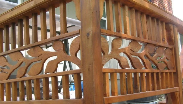Natural Style Woodwork: Central Horizontal Scroll Cut Vine with Vertical 2x2 Pickets and Corbel Details
