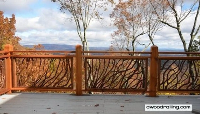 Lissara Lodge deck rail design showcasing framing branches with varied lumber sizes that create a unique centerpiece effect exemplifying creative outdoor design.