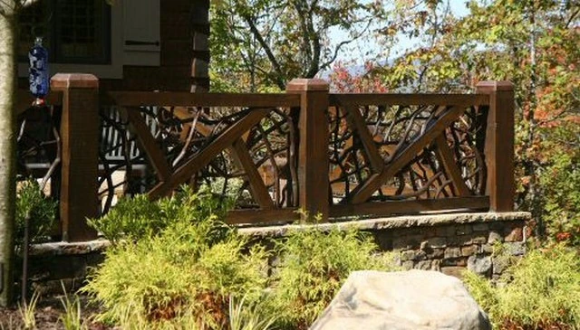A modern rustic outdoor deck design showcasing triangle geometry with 1x4 lumber over a branch guard rail exemplifying creative deck railing designs.