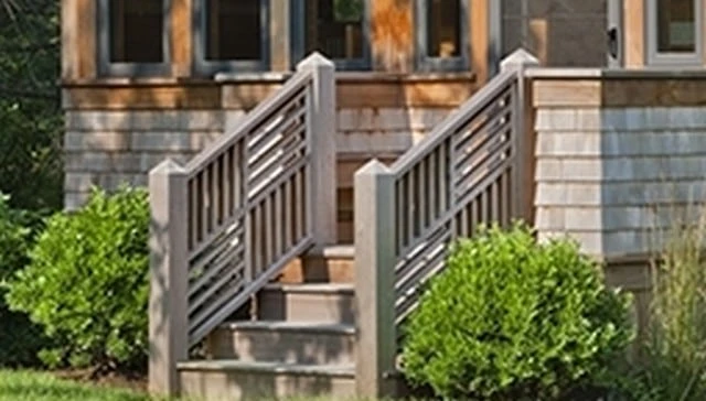 An eye-catching stair railing showcasing a large format parquet style design with an elegant geometric pattern exemplifying sophisticated deck railing designs.