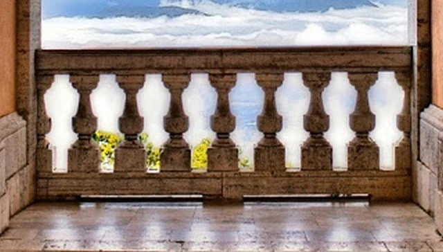 An Italian balcony showcasing finely crafted stone balusters with large bases and narrowing turned columns, overlooking the sea for a stunning view.