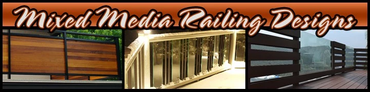 A collection of mixed media railing designs featuring combinations of wood, metal, and glass, showcasing unique styles and craftsmanship.