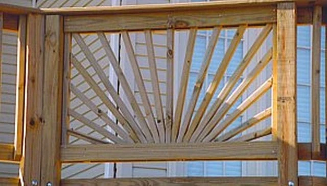 DIY standard pressure treated 2x2 sunburst railing showcasing accurate cutting techniques for your deck railing design project.