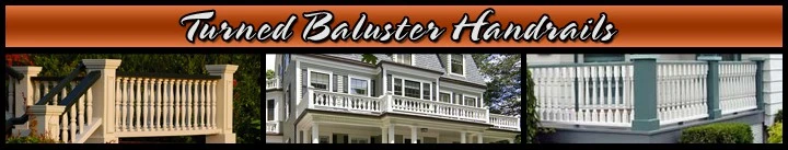 A collection of turned baluster handrails showcasing traditional designs with intricate details, exemplifying timeless outdoor railing solutions for decks and porches.