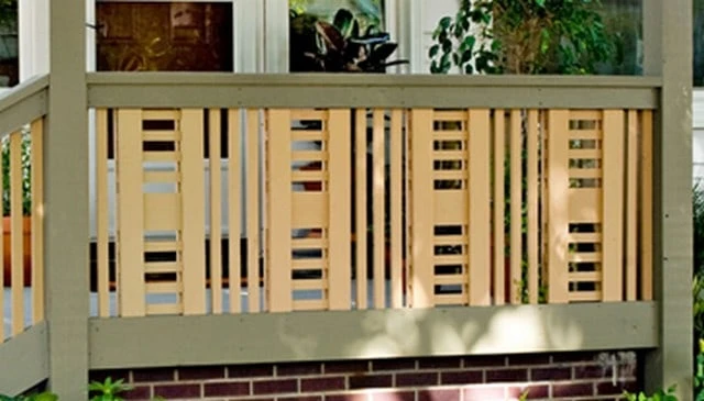 deck railing idea featuring craftsman style limits with busy patterns and challenging spacing, creating a visually engaging outdoor deck design.