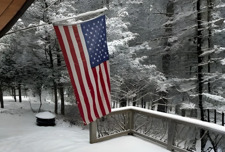 Snow-covered wooden deck with woven branch railing and a large American flag hanging in the foreground, overlooking a winter forest with snow-laden trees.
