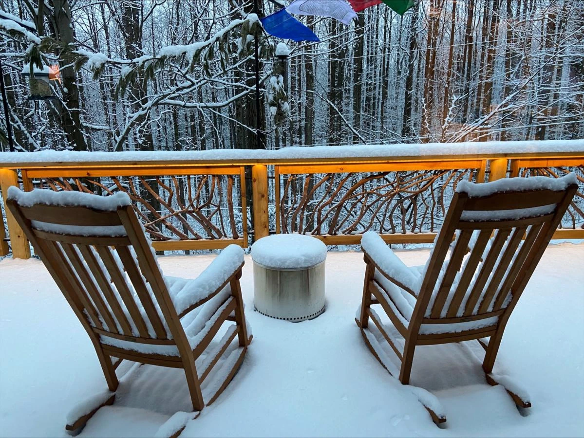 Champion, PA View From Snowy Porch Lit Up Handrails