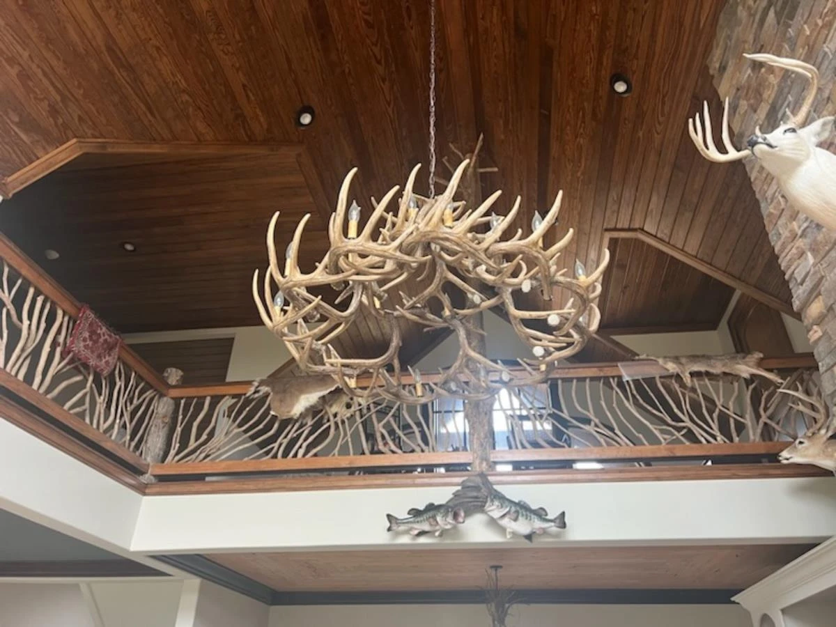 Grove Hill, AL Handrail Banister Behind Deer Antler Chandelier