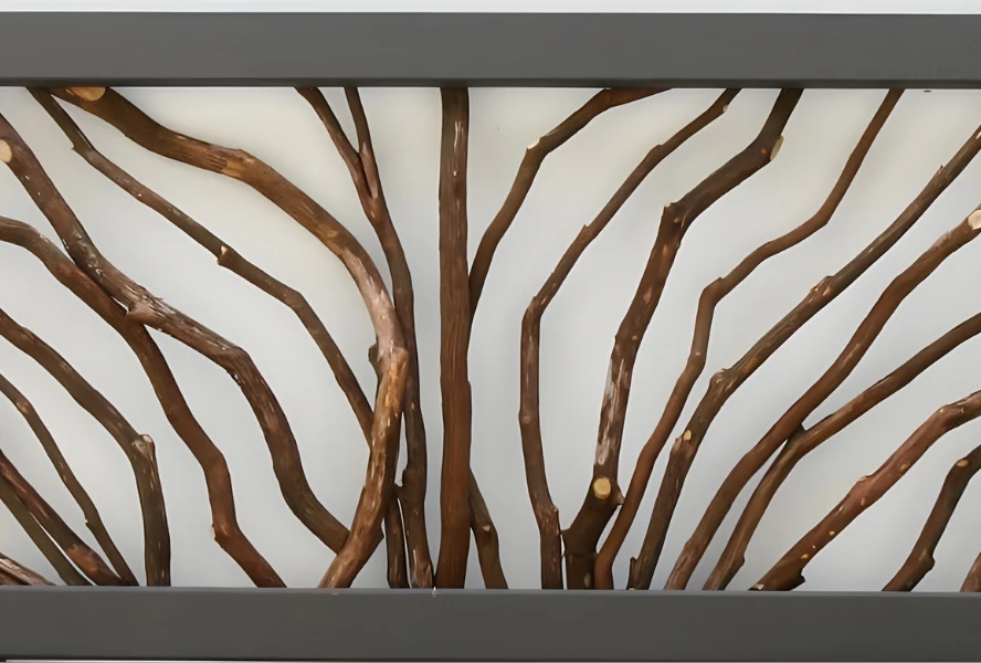 Close-up of a Woven Branch Decorative Panel crafted from natural twigs in a tree-inspired pattern against a light background, bordered by dark metal framing.