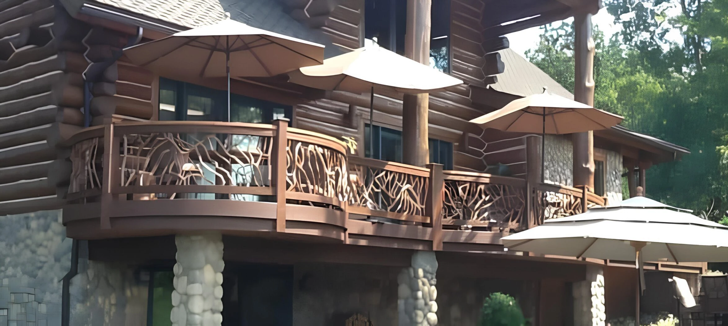 A product photo showing a backed up view of a deck with cobblestone pillars, overlooking a spacious backyard patio with chairs and shading.